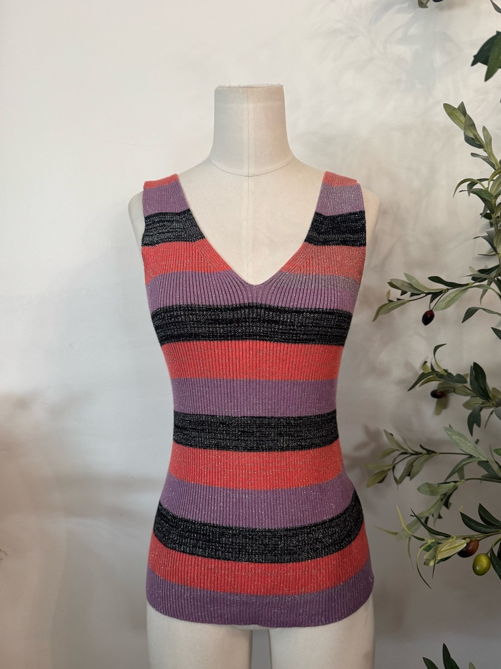 John + Jenn Metallic Striped Knit Tank Top V Neck Sleeveless Size M